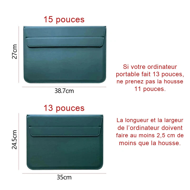 Schema des tailles des housses ordinateur vert fonce : modele 15 pouces mesurant 27 sur 38,7 cm et modele 13 pouces mesurant 24,5 sur 35 cm.