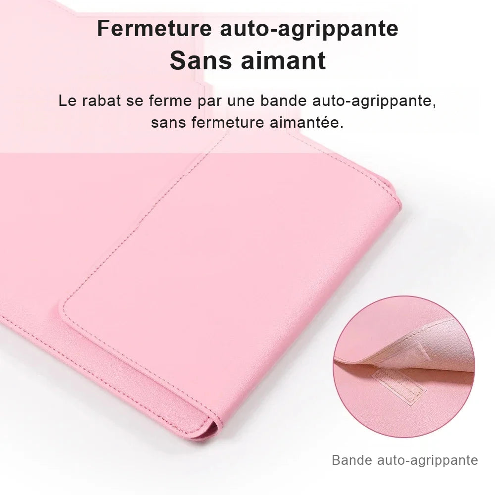 Pochette ordinateur en cuir rose pastel avec rabat à fermeture auto-agrippante, gros plan sur la bande velcro et la couture du rabat.