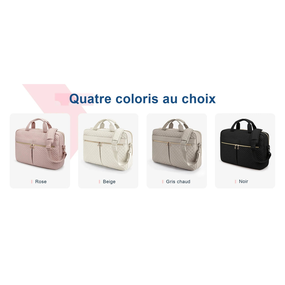 Quatre sacoches ordinateur matelassées alignées sur fond blanc, en rose, beige, gris chaud et noir, chacune avec sa fermeture éclair dorée et le nom de son coloris.