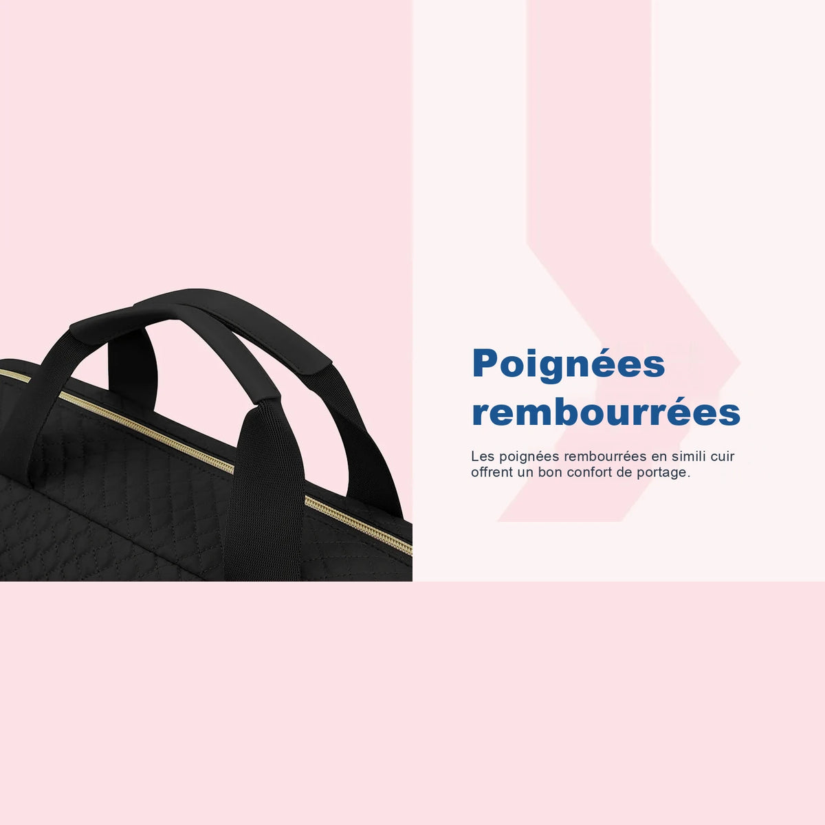 Gros plan sur les poignées matelassées noires d'une sacoche pour ordinateur portable à fermeture zippée dorée, avec un encart de texte bleu marine sur fond rose pâle présentant l'accessoire.