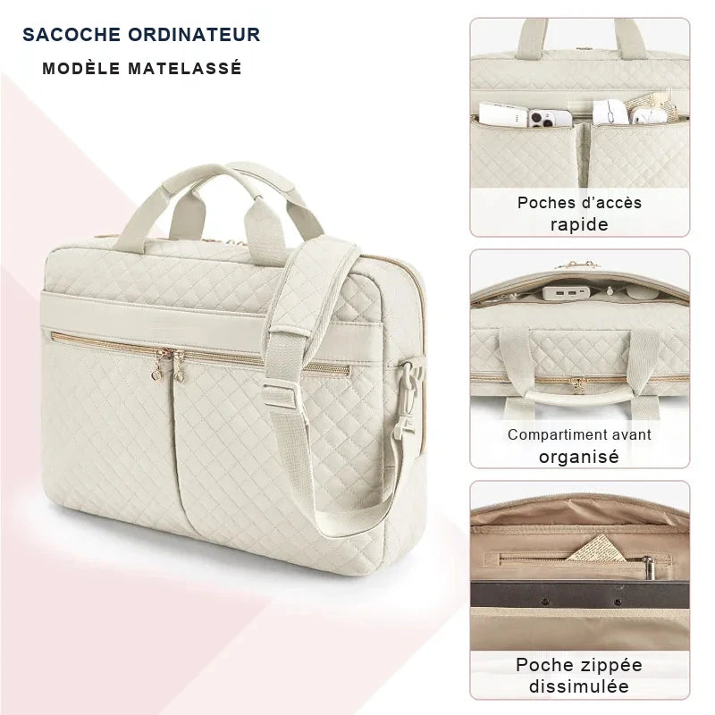 Sacoche ordinateur matelassée crème vue de trois quarts, avec trois vues de détail : poches d'accès rapide, compartiment avant et poche zippée intérieure.