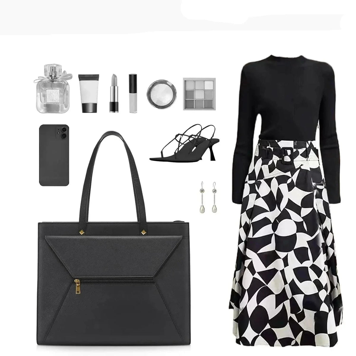 Planche d'inspiration : grand sac cabas noir pour ordinateur, accompagné d'une jupe imprimée noir et blanc, d'escarpins, de bijoux et de produits de beauté.