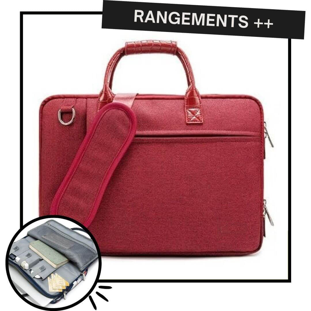 Sacoche pour ordinateur portable en toile rouge, vue de face avec ses anses en simili cuir verni et sa bandoulière, et un aperçu de l'intérieur à compartiments.