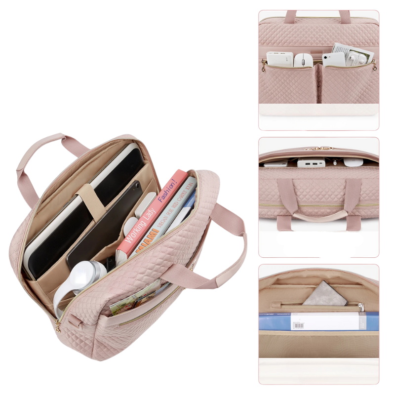 Sacoche ordinateur 15,6 pouces rose poudré matelassée, ouverte sur un ordinateur portable, des livres et un casque, avec trois vues des poches intérieures.