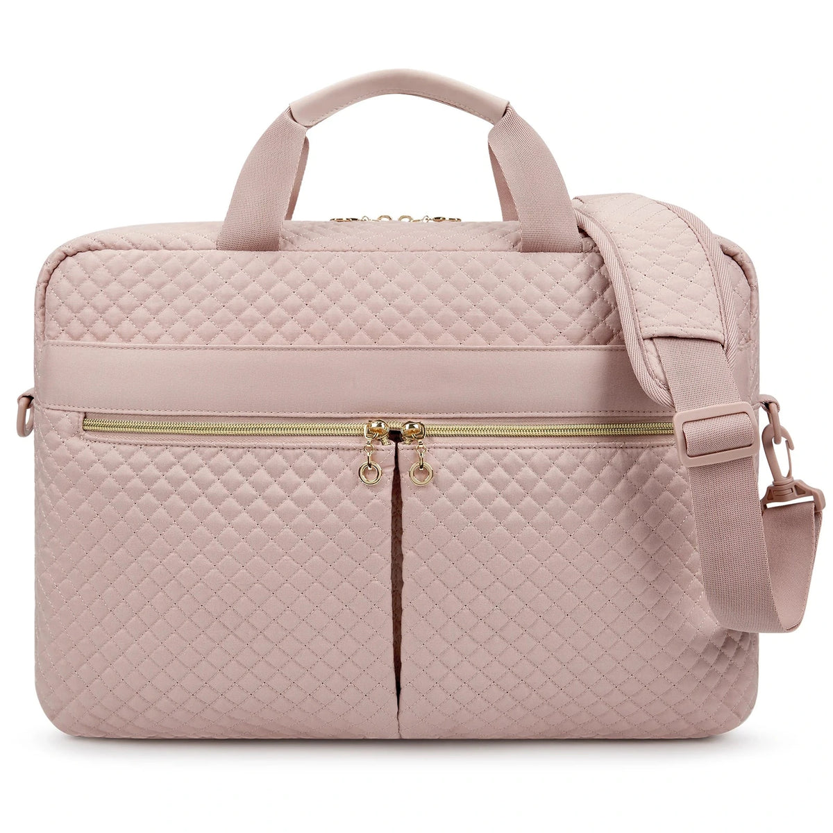 Sacoche ordinateur matelassee rose poudre, vue de face, poche zippee avant et bandouliere.