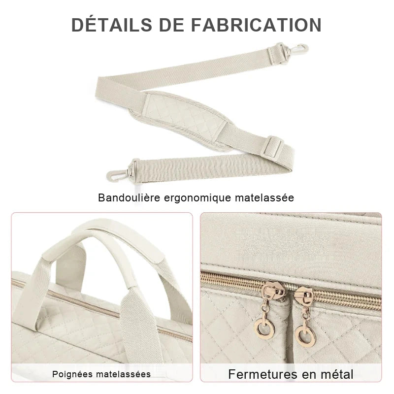 Sacoche pour ordinateur en simili cuir matelassé beige, avec bandoulière ergonomique réglable, poignées rembourrées piquées et fermetures à glissière métalliques dorées.