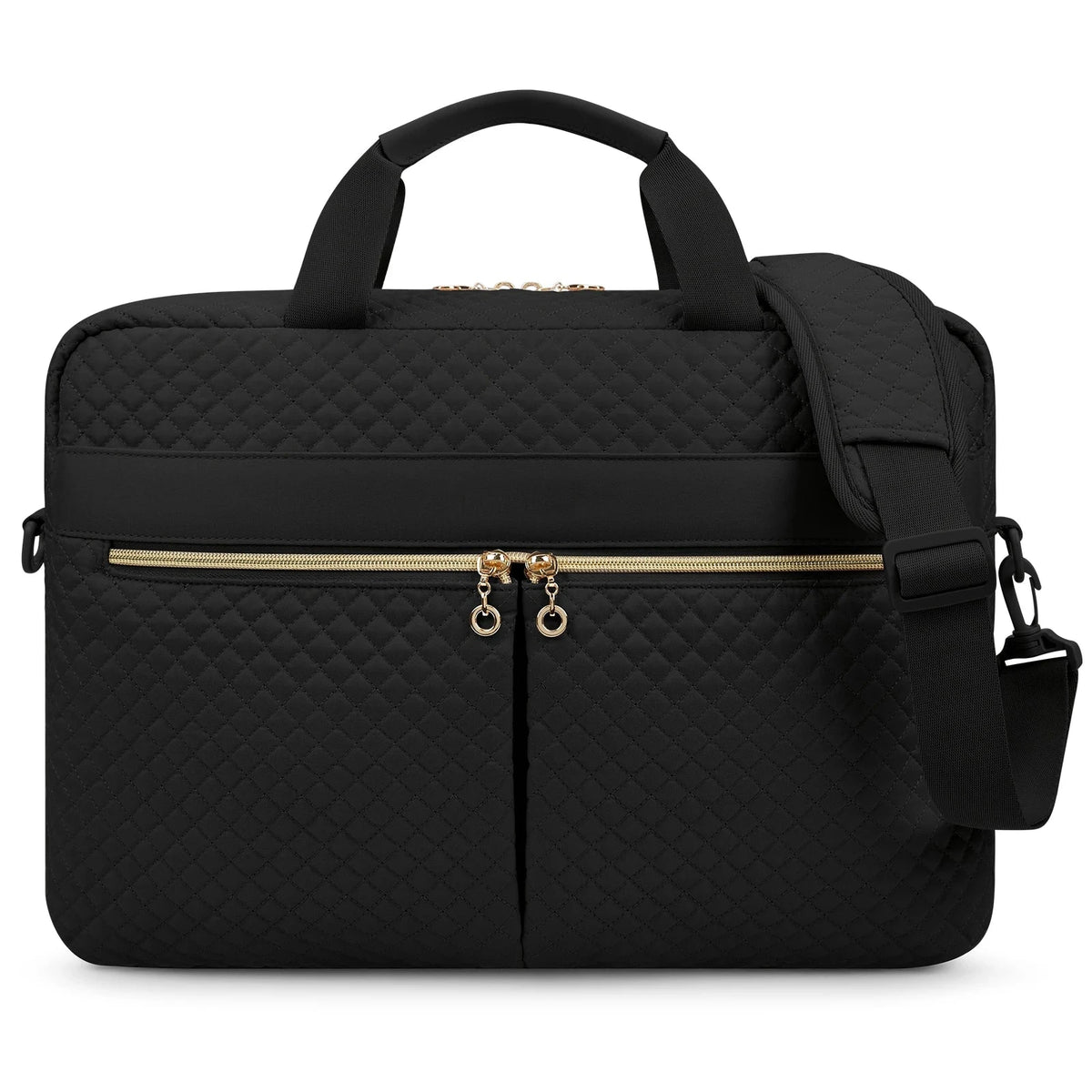Sacoche ordinateur matelassee noire, vue de face, zip dore et bandouliere reglable.