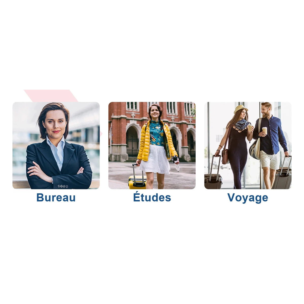 Trois scènes d'usage légendées Bureau, Études et Voyage : une femme en tailleur, une jeune femme tirant une valise, un couple en déplacement.