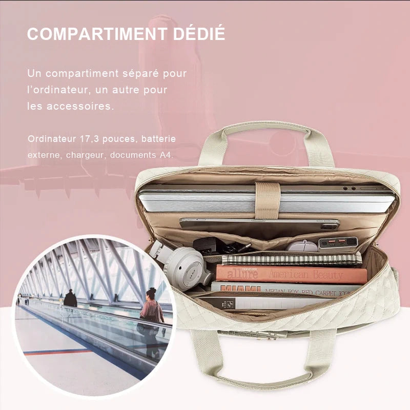 Sacoche ouverte sur son compartiment ordinateur séparé, garnie d'un portable, de livres et d'un casque, avec en médaillon un couloir d'aéroport.