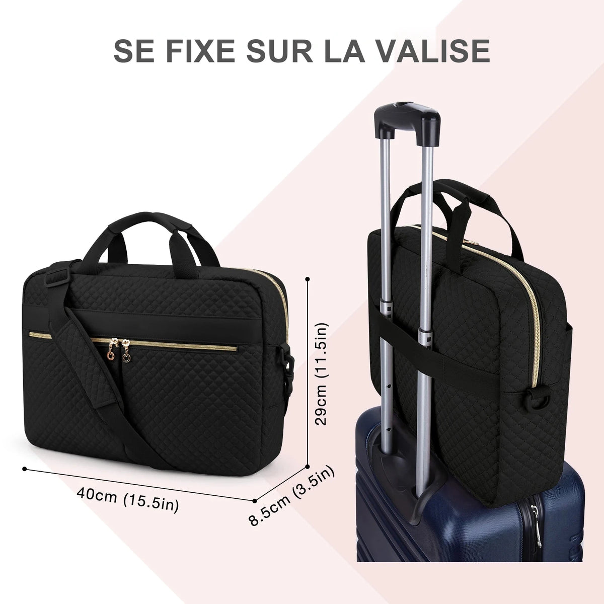 Sacoche ordinateur noire matelassée vue de face avec ses dimensions, et à droite la même sacoche glissée sur la poignée télescopique d'une valise.
