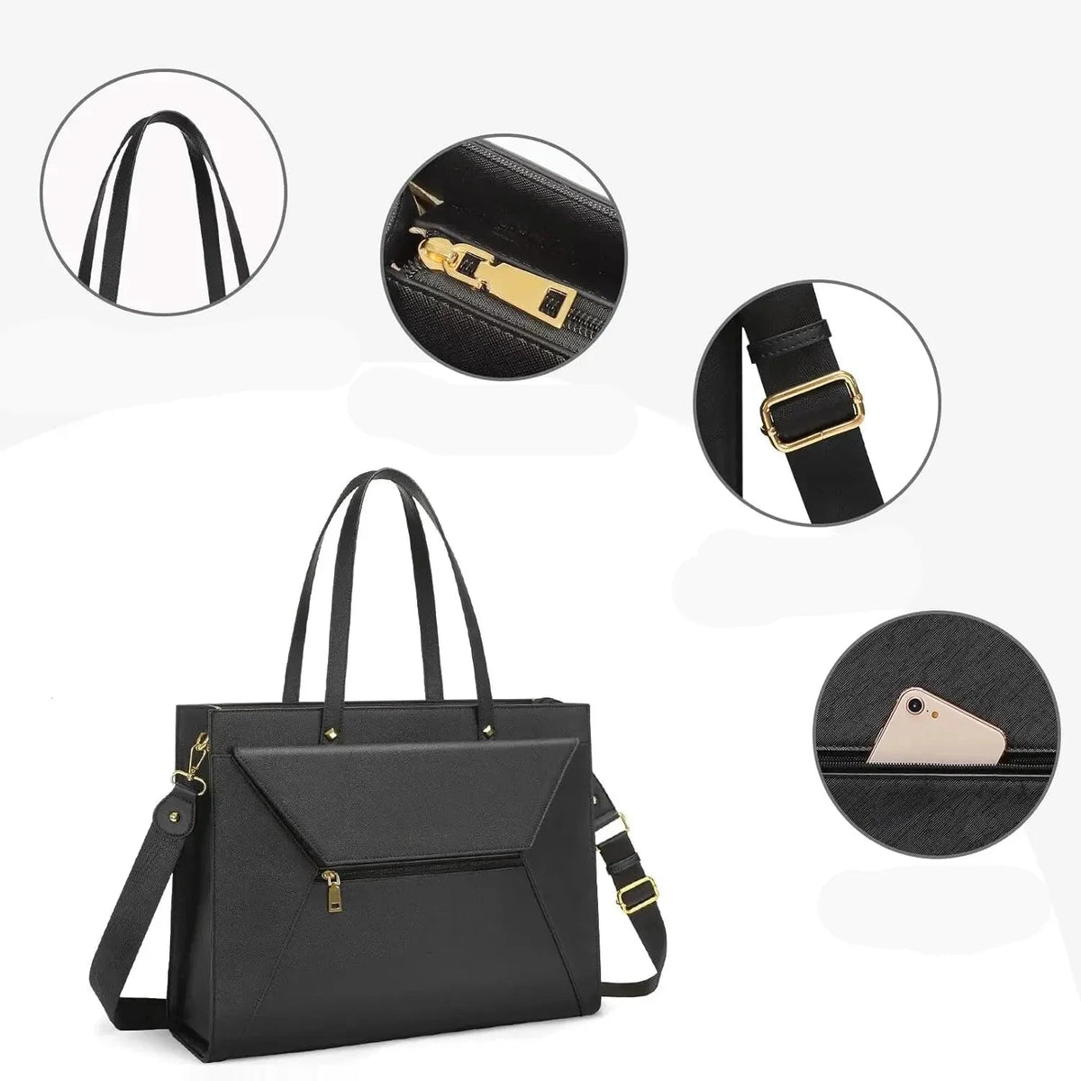 Sac à main pour ordinateur noir avec bandoulière réglable, accompagné de quatre vues rapprochées : anses, curseur de zip doré, boucle de la sangle et poche avant zippée.