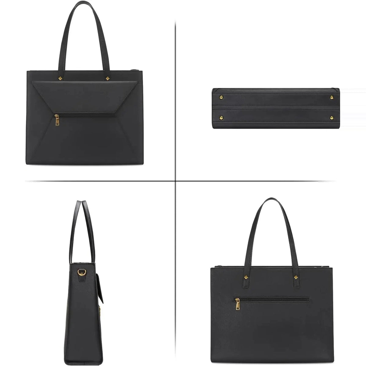 Sac à main pour ordinateur portable en cuir noir grainé, présenté de face, par le dessous, de profil et de dos, avec anses longues et finitions dorées.